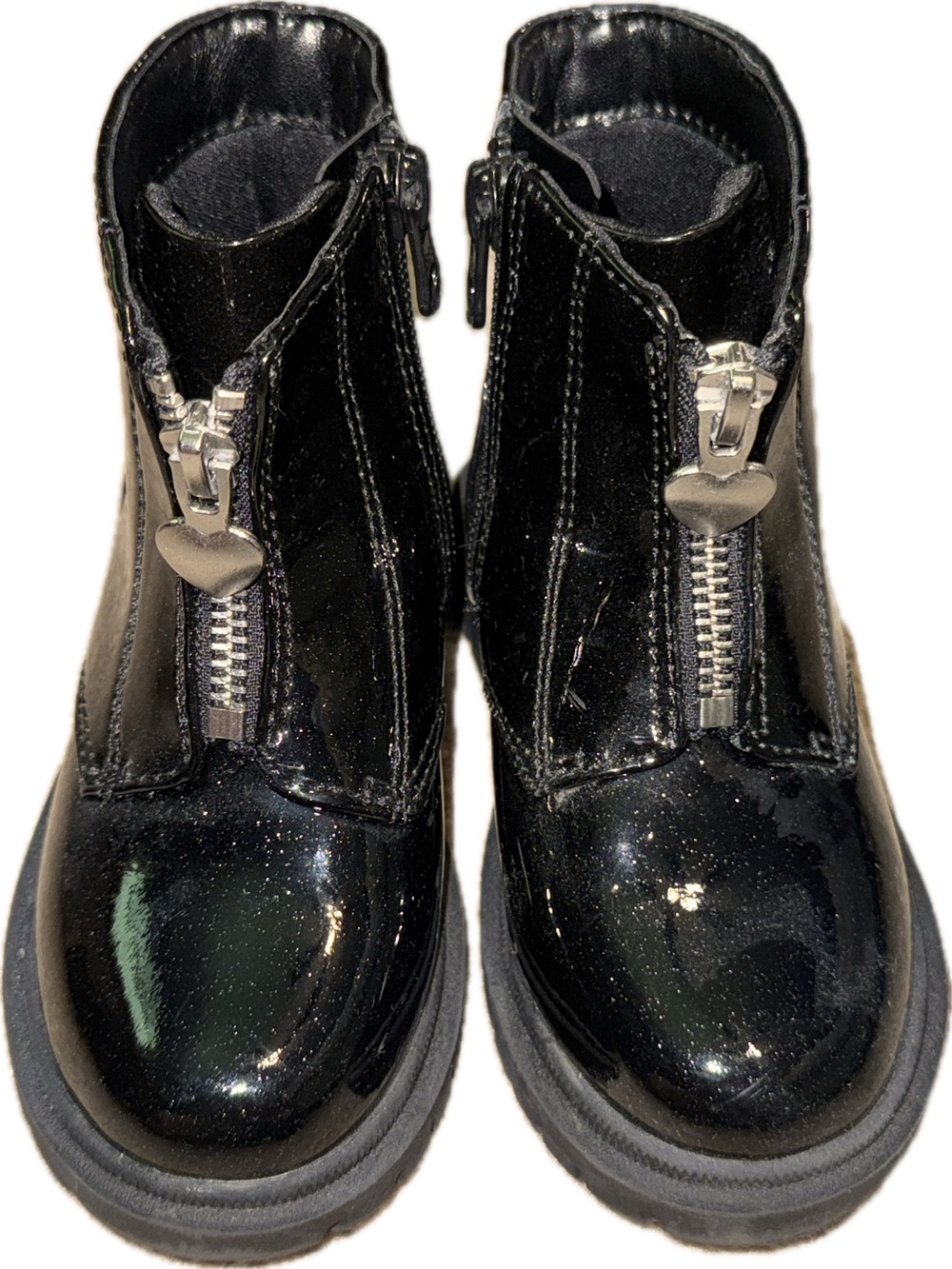 Cat & Jack Black Patent Ankle Glitter Boots with Front Heart Zipper